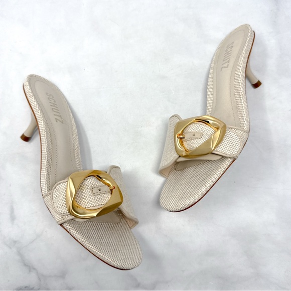 SCHUTZ Shoes - NEW Schutz Olga 55 Brushed Buckle Textured Linen Canvas Kitten Heel Sandals 6